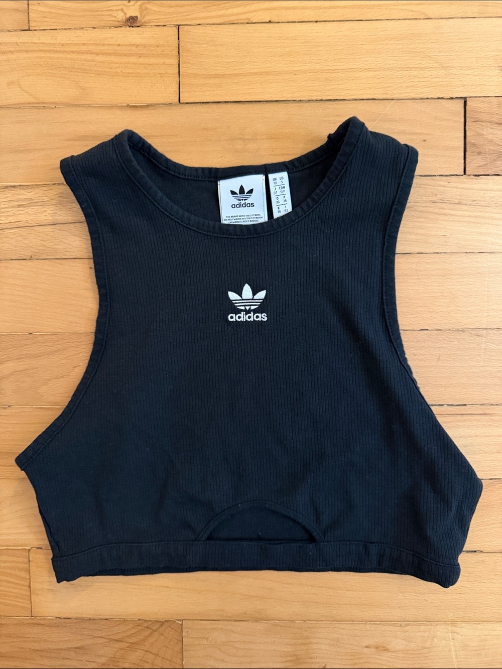 adidas Black Ribbed Cropped Tank Top with Trefoil Logo